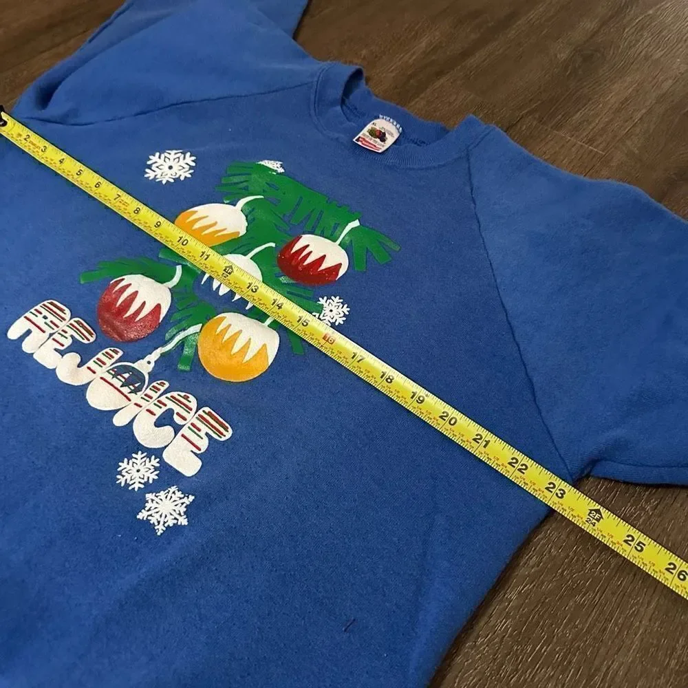 Vintage Hanes USA made Puff Paint Blue Rejoice Christmas Crewneck Sweater Sz XL